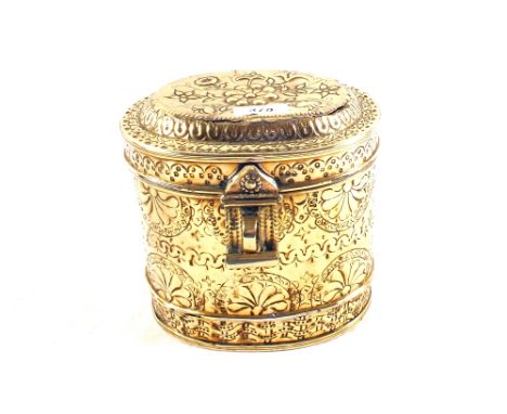An 18th Century Dutch oval repousse Brass tea caddy or biscuit barrel with hinged lid, 7 1/2" wide