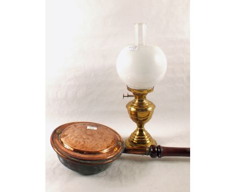 A Victorian Copper warming pan plus a Brass oil lamp