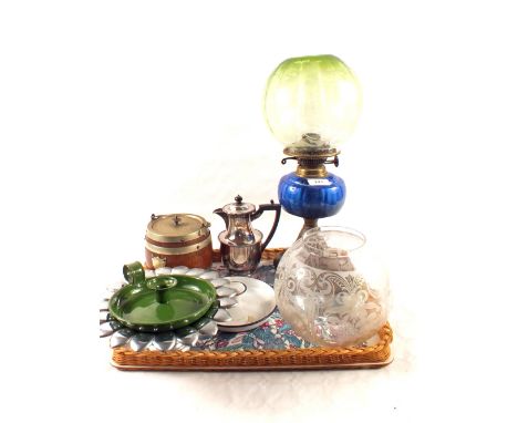 An Iron and glass oil lamp, an Oak biscuit barrel plus other items