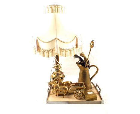 An Eastern Brass table lamp with stone cabochons plus other Brass ware