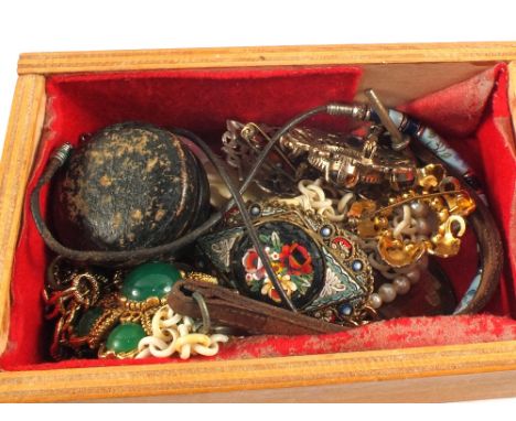 A cased 19th Century miniature compass, costume jewellery etc