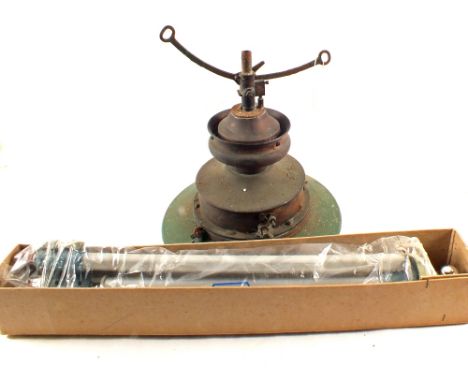 An early enamel and Copper gas lamp and a vintage Ising camera tripod in original box, made in West Germany