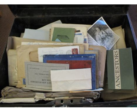 A tin trunk containing old deeds, ephemera etc including a signed Gracie Fields photo