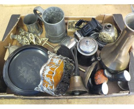 Two 19th Century pewter tankards, cycle lamp, handbell plus other items