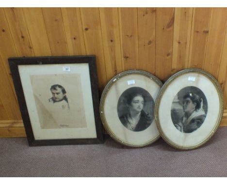 A print of Napoleon, two oval engravings of Dolores and Faith plus a metal framed mirror