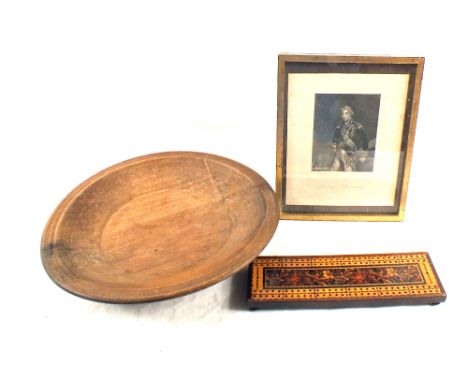 A treen bowl, inlaid crib board plus a 19th Century print of Napoleon