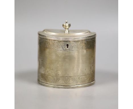   A 19th century Dutch white metal oval tea caddy, height 11.3cm, with lock, no key, 9oz.