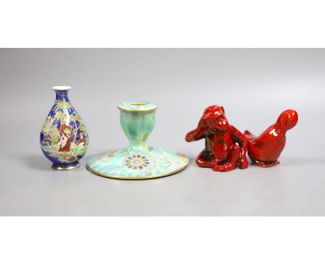   A Royal Doulton  flambé figure of a monkey, 8.5 cm, a similar figure of a duck, a Carltonware lustre vase and a similar dwa
