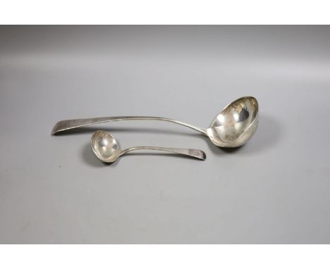   A George III silver Old English pattern soup ladle, London, 1804, 31.1cm and a similar George IV sauce ladle, London, 1824,