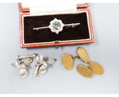   A pair of 9ct gold oval cufflinks with engraved monogram, 11.5 grams, a 14ct, plat and enamel 'Order of the Thistle' bar br