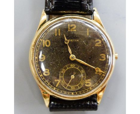   A gentleman's 14k yellow metal Zenith manual wind wrist watch, with subsidiary seconds, on later strap, winding crown loose
