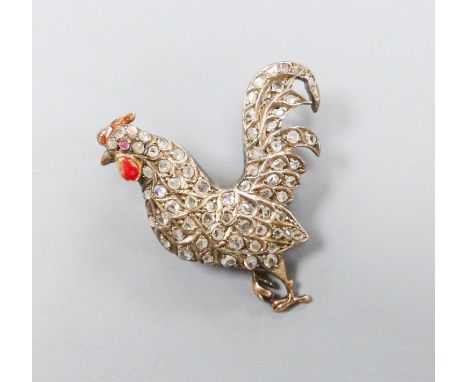  A Victorian yellow and white metal, enamel and rose cut diamond set cockerel pendant, now with later brooch attachment, ena
