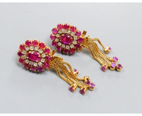   A pair of Indian yellow metal, ruby and diamond cluster earrings with detachable tassel drops, 43mm, gross weight 15.6 gram