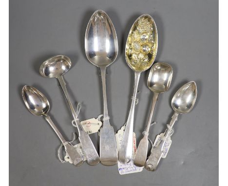   A mid 18th century Scottish provincial silver Hanovarian pattern 'berry' spoon, James Humphrey, Elgin, c.1753, 21.5cm and f