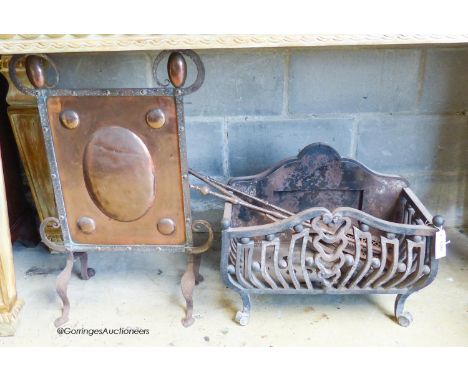   A heavy wrought iron fire basket, width 55cm, depth 28cm, height 46cm together with a set of three fire irons and an Art No