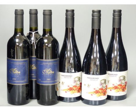   Three bottles of De Bortoli Melba Reserve Cabernet Sauvignon-Yarra Valley, 2001 and three bottles of Thistledown 'The Vagab