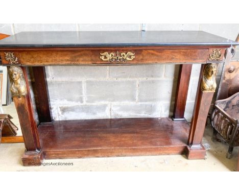   An Empire style marble top console table, width 132cm, depth 45cm, height 84cm