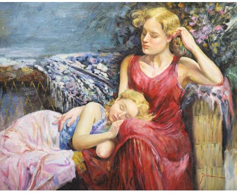   Pina, oil on board, Portrait of two women, signed, 50 x 60cm.