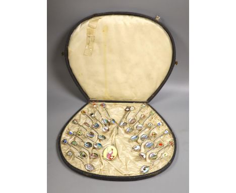   A set of 22 Swiss 800 silver and enamel souvenir spoons, each representative of a Canton, cased, with a larger spoon.