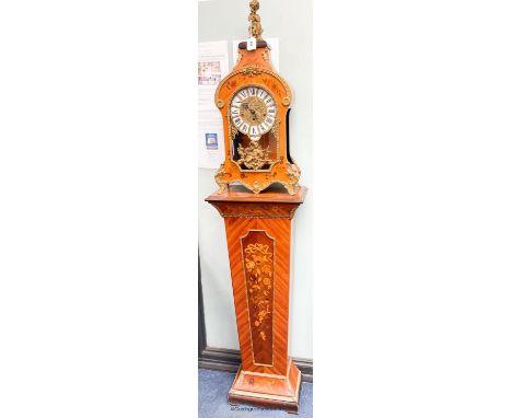   A reproduction Louis XVI style inlaid kingwood bracket clock with matching pedestal, height 190cm