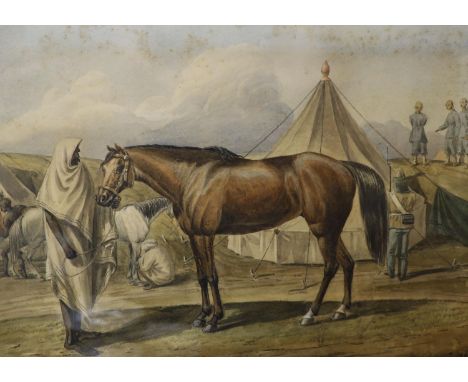   O.J.Jones (19th C.), watercolour, Arab horse in an English army camp, Chinese figures on the hillside, signed and dated 186