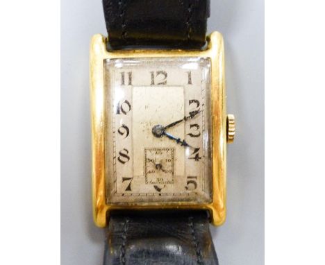   A gentleman's 1930's 18ct gold Aster manual wind rectangular dial wrist watch, on a leather strap, cased diameter 24mm, gro