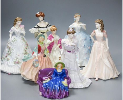   Seven Worcester, Coalport and Doulton ceramic lady figuresand an Arcadian China figure Miss Prudence (8)