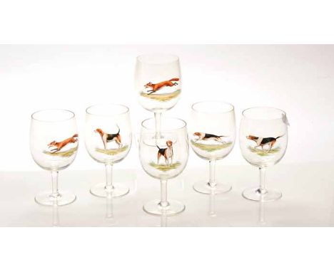 SET OF SIX HUNTING BRANDY BALLOON GLASSES
decorated in enamel with foxes and hounds, each 19cm high