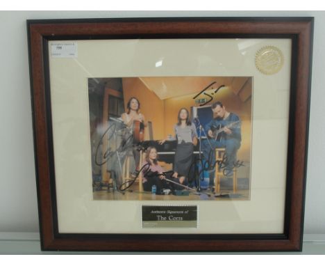 The Corrs photograph playing in recording studio 7" x 9.5" framed, glazed & mounted signed in black ink Andrea Corr, Sharon C