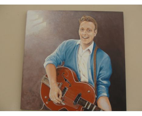 A commissioned oil on canvas of Eddie Cochran by Carol Thomas for the rock stars CD portrait of a ledgend together with CD of