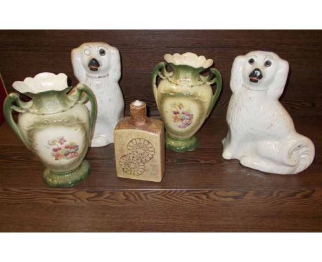 TWO WALLY DOGS, PAIR OF CONTINENTAL TWO-HANDLED VASES AND A LAMP
Damages to one of the vases