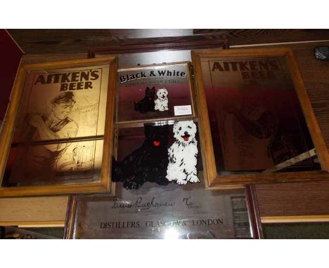 FOUR ALCOHOL ADVERTISING MIRRORS
two by Black & White Scotch Whiskey with Scottie Dogs and two Aitkens Beer mirror, largest m