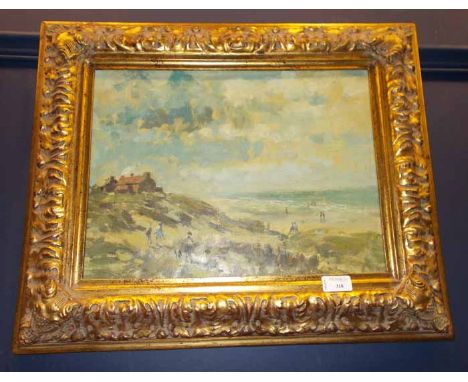 COASTAL SCENE OF FIGURES ON THE BEACH
oil on panel, in a gilt frame, image 30cm high x 40cm long
Good condition