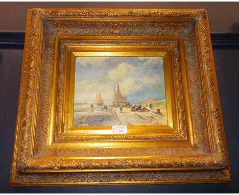 PRINT OF FISHER FOLK AND FISHING BOAST
oilette print on board, in a gilt frame, image 19cm high x 24cm long
Good condition