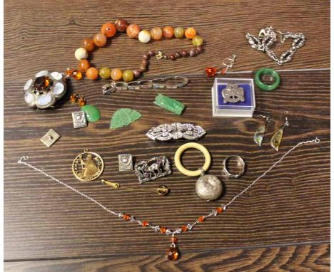 GROUP OF 20TH CENTURY JEWELLERY
including a child's rattle and jade items