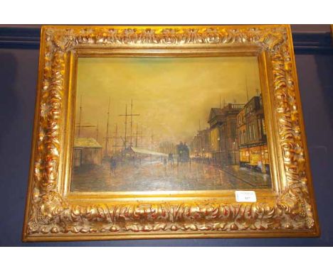 LONDON DOCKSIDE SCENE
oil on panel, in a gilt frame, image 30cm high x 40cm long
Good condition