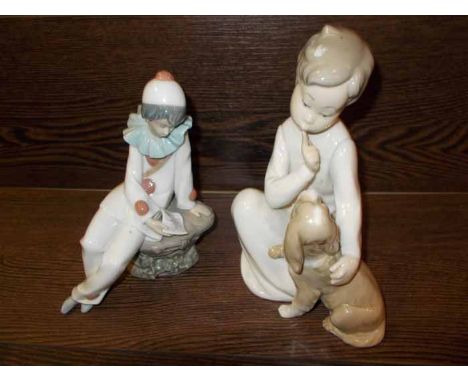 LLADRO FIGURE OF A BOY WITH HIS DOG AND A NAO FIGURE OF A BOY WEARING A CLOWN COSTUME
repair to the neck of one of the figure