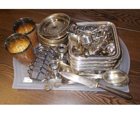 GOOD SELECTION OF SILVER PLATED ITEMS
including four plate warmers, a card tray, two plate mounted oak beakers, ladle, pair o