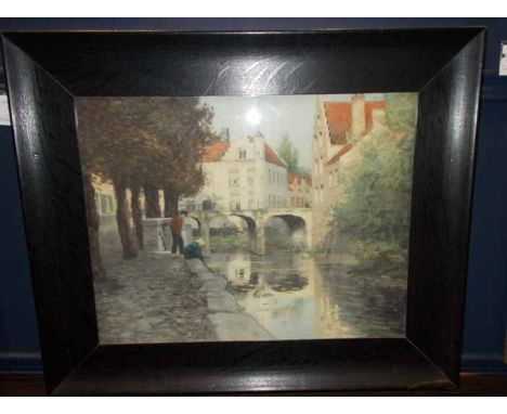 COLOUR LITHOGRAPH OF BOYS FISHING ON A DUTCH CANAL
in an ebonised oak framed, 44cm high 56cm long
Fair condition