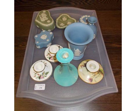 WEDGEWOOD JASPERWARE BOXES AND VASES
including ceramic candlesticks, 15cm high, 