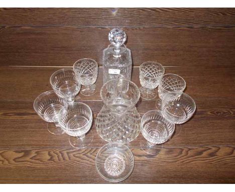 CRYSTAL DECANTER
together with seven glasses, small glass dish and a crystal water jug