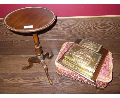 BRASS LEATHER RACK, UPHOLSTERED FOOTSTOOL AND A TRIPOD OCCASIONAL TABLE (3)