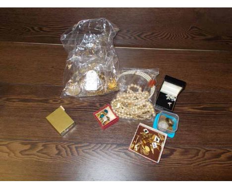LOT OF GOLD PLATED JEWELLERY
along with coins, pate pearl necklaces and cufflinks