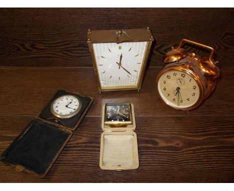 BRASS MANTEL CLOCK, COPPER ALARM CLOCK AND TWO TRAVEL CLOCKS