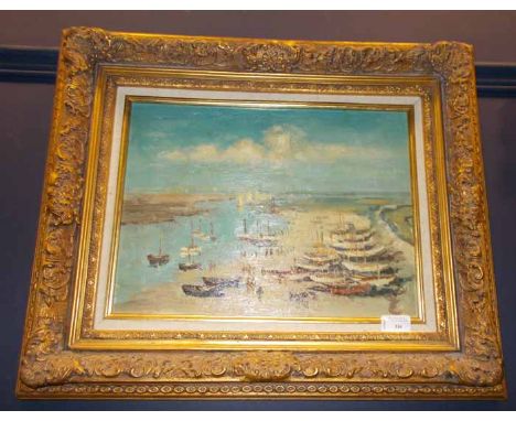 BEACH SCENE WITH BATHERS AND BOATS
oil on panel, in a gilt frame, image 30cm high x 40cm long
Good condition