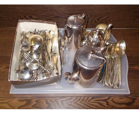 LARGE SELECTION OF SILVER PLATED ITEMS
including a part canteen of beaded flatware, Elkington plate coffee pot, other tea pot