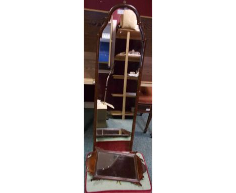 MAHOGANY WALL MOUNTED MIRROR
together with a small fluted edge mahogany mirror and a tapestry-topped low foot stool