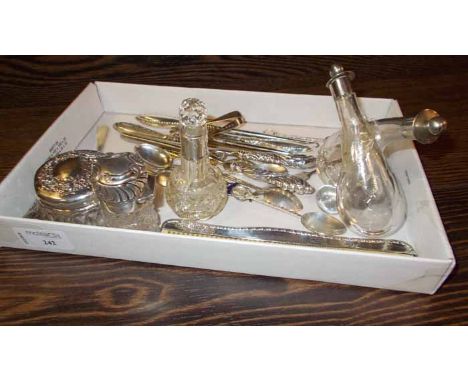 COLLECTION OF SILVER ITEMS
including scent bottles, toilette jars, button pulls, silver mounted comb, spoons, part-manicure s