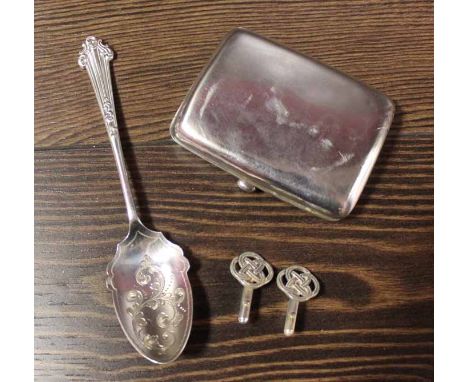 SELECTION OF SILVER ITEMS
including a cigarette case, floral engraved spoon and a pair of Celtic design cufflinks