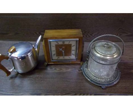 SMITHS MAHOGANY MANTEL CLOCK, PICQUOT WARE TEA POT AND A BISCUIT BARREL